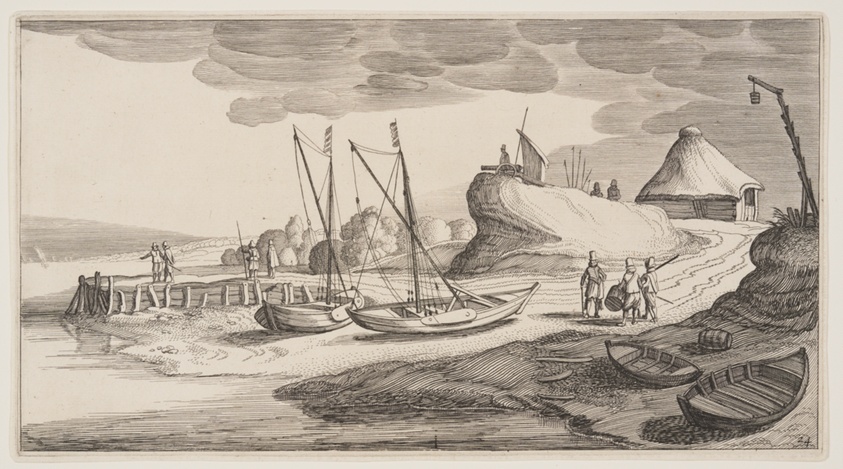 Boats Ashore Near a Watch-Tower, from Landscapes (Playsante Lantschappen)
