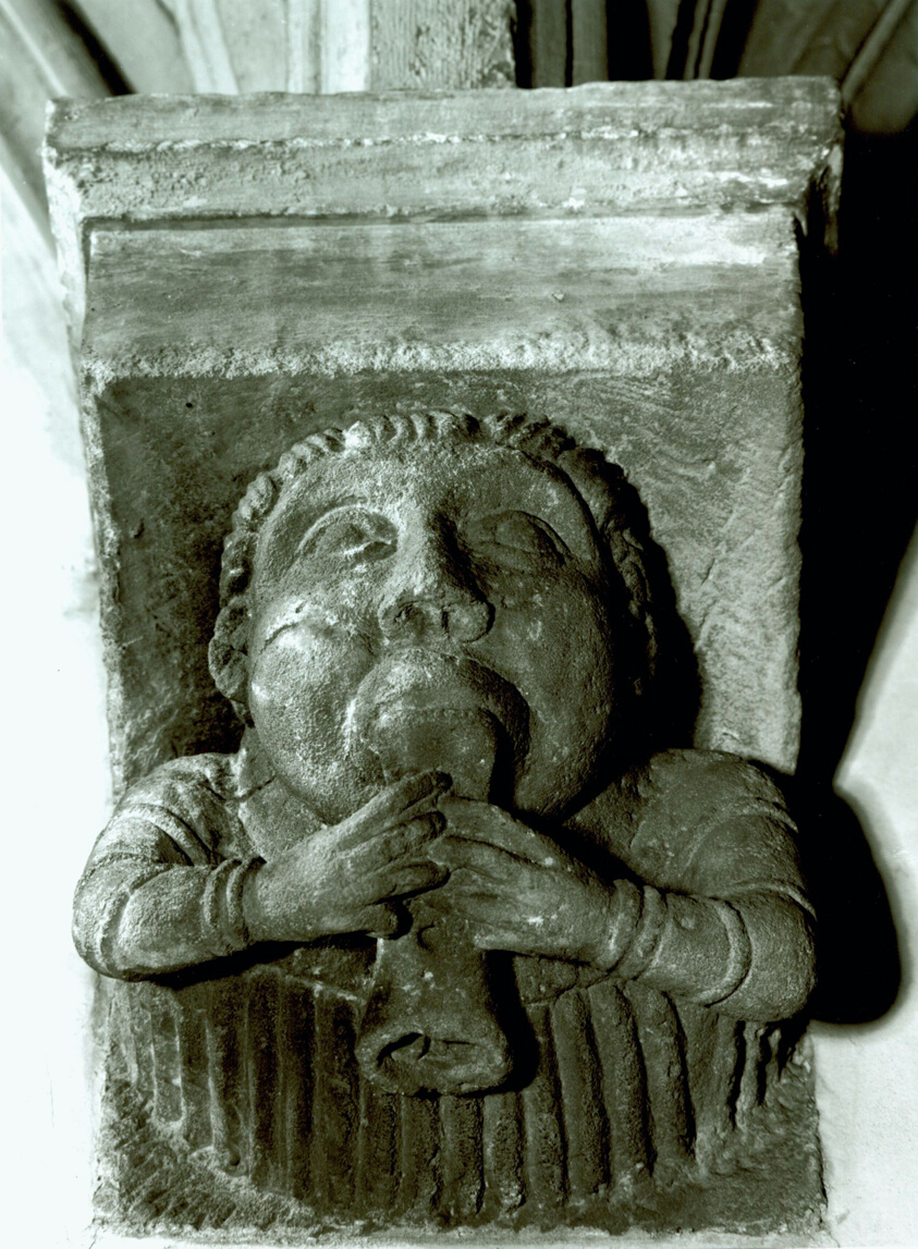 Corbel with Portrait Bust Holding Instrument in Mouth from the Monastery Church of Notre-Dame-de-la-Grande-Sauve