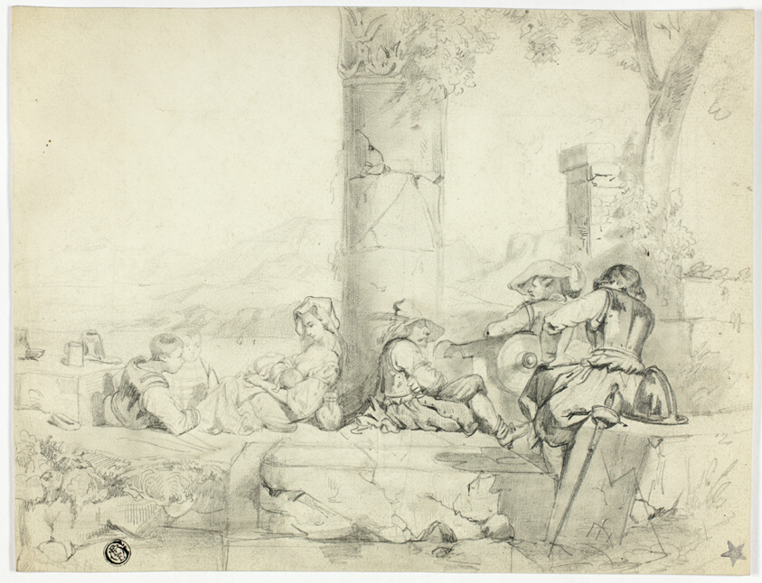 Children, Woman with Infant and Three Soldiers Sitting Among Ruins by Lake
