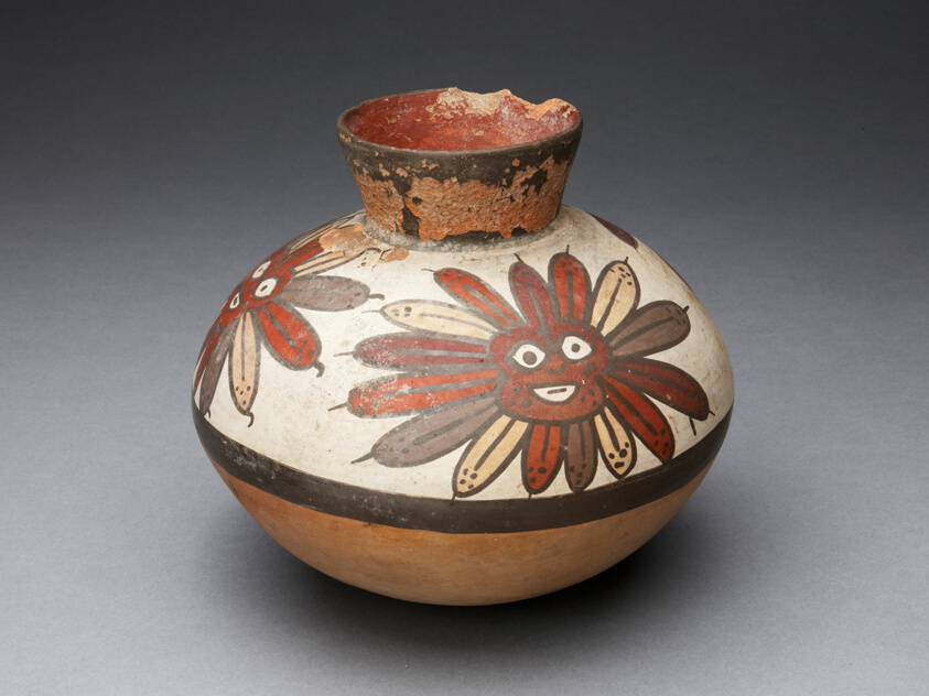 Jar Depicting Abstract Face Surrounded by Feather Motifs
