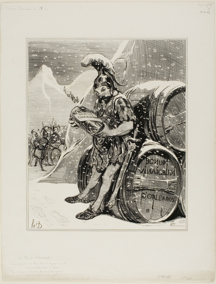 Hannibal's Crossing. These lofty mountains where the crested snow resembles the white forehead of a giant trembles to forge a road, with a triumphant song Hannibal turned the Alps into cornichon. (Les Occidentals by Mr. Quinet), plate 28 from Histoire Ancienne