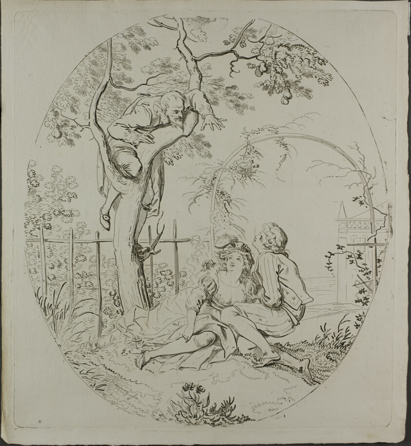 Bearded Man Spying on Lovers Under an Arbor