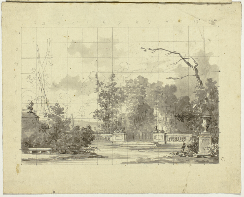 View of the Park at Versailles: Balustrade with Two Sphinxes Urn