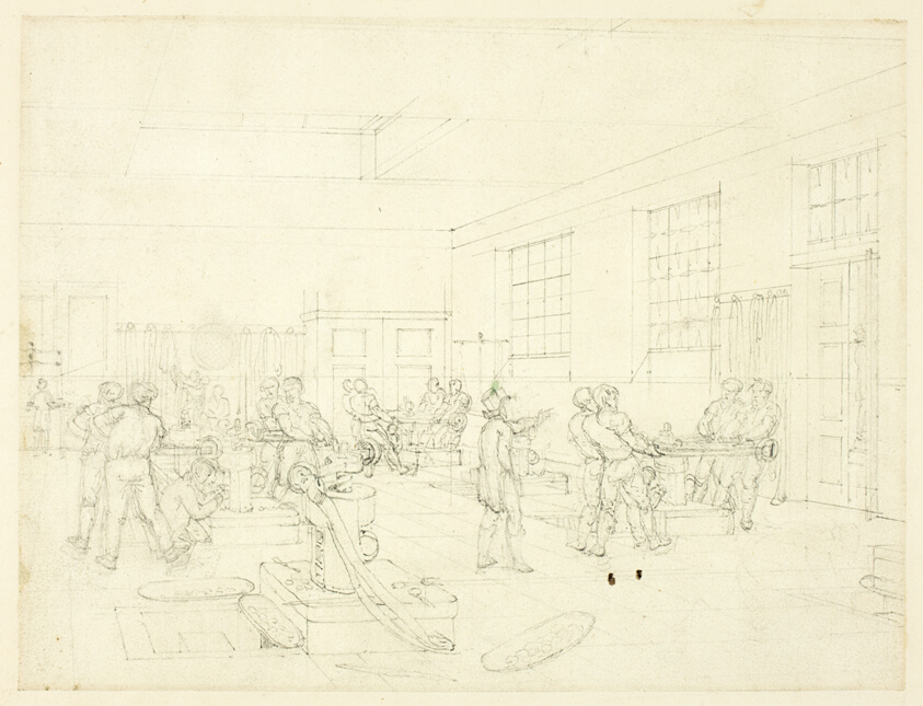 Study for The Mint, from Microcosm of London (recto); Sketch of Courtyard (verso)