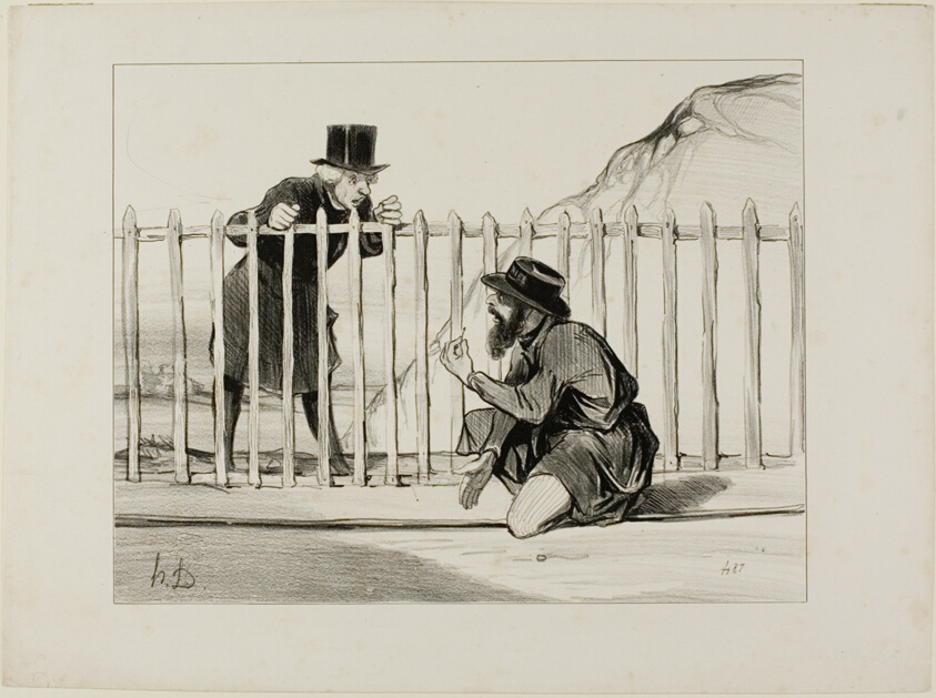 “- Just look at that! the train that's about to pass is lucky to have a narrow escape.... the whole affair would have blown up if I hadn't noticed in time... - What is it then, what is it? - Why, it's obvious, a needle has been placed right on the rail... luckily I saw it in just in time!,” plate 1 from Les Chemins De Fer