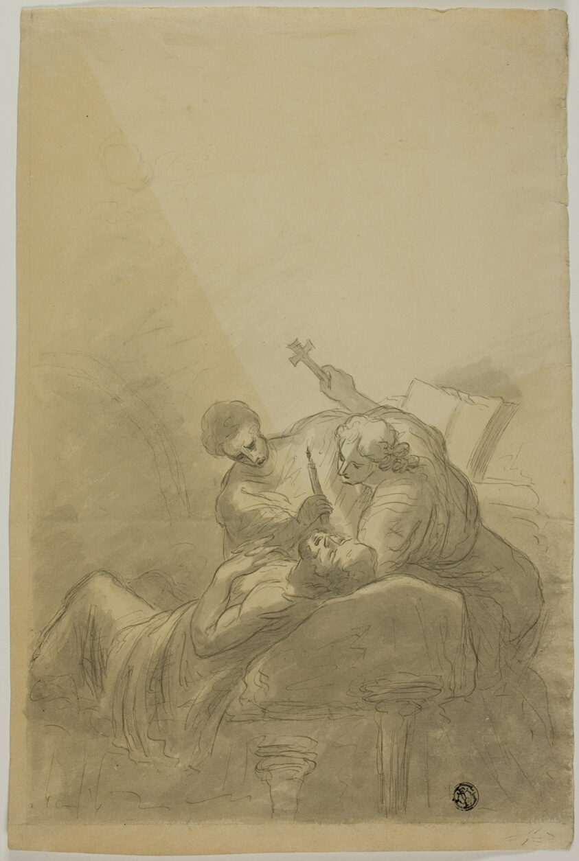 Dying Man Attended By Two Figures Holding Candle, Book and Cross