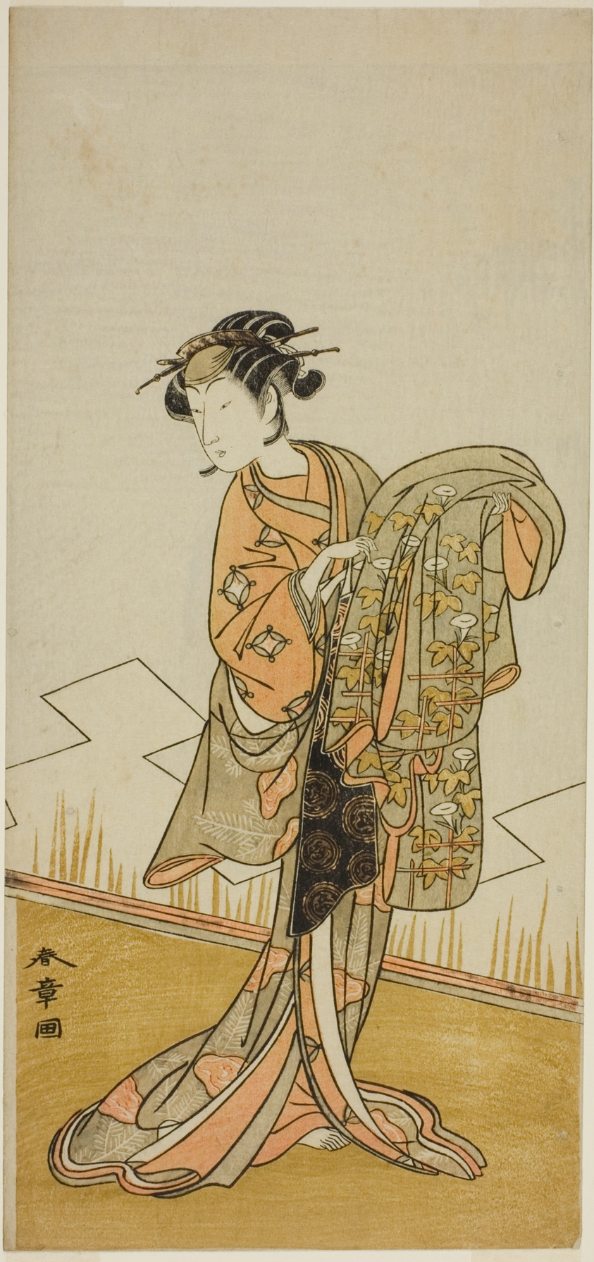 The Actor Nakamura Riko I as the Courtesan Wakamatsu (?) in the Play Gohiiki Kanjincho (?), Performed at the Nakamura Theater (?) in the Eleventh Month, 1773 (?)