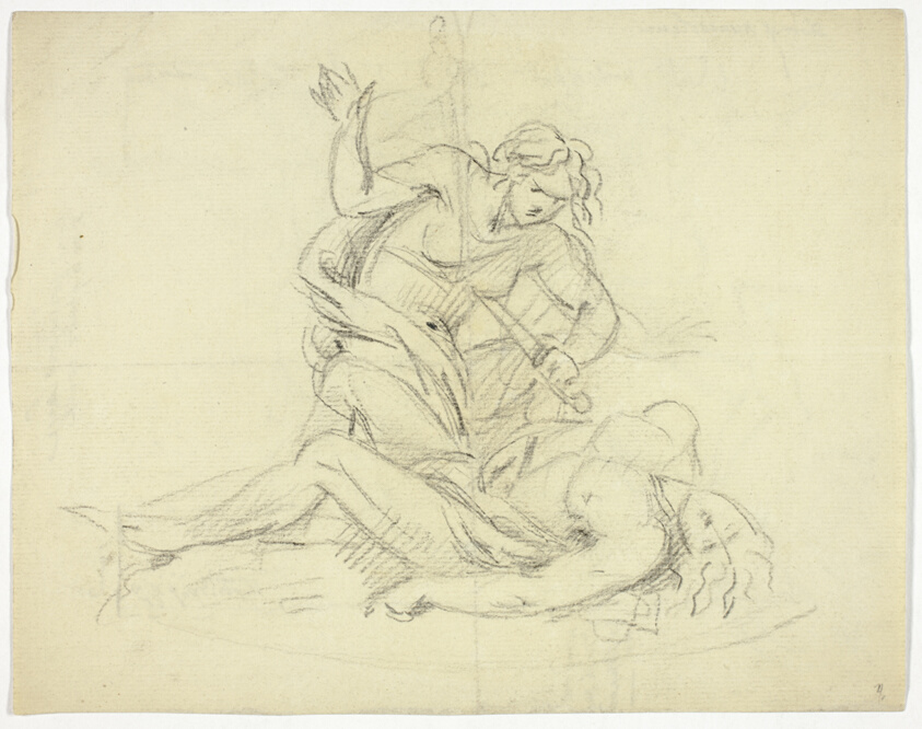 Pyramus and Thisbe (recto); Three Male Figures with Mausoleum Floor Plan (verso)