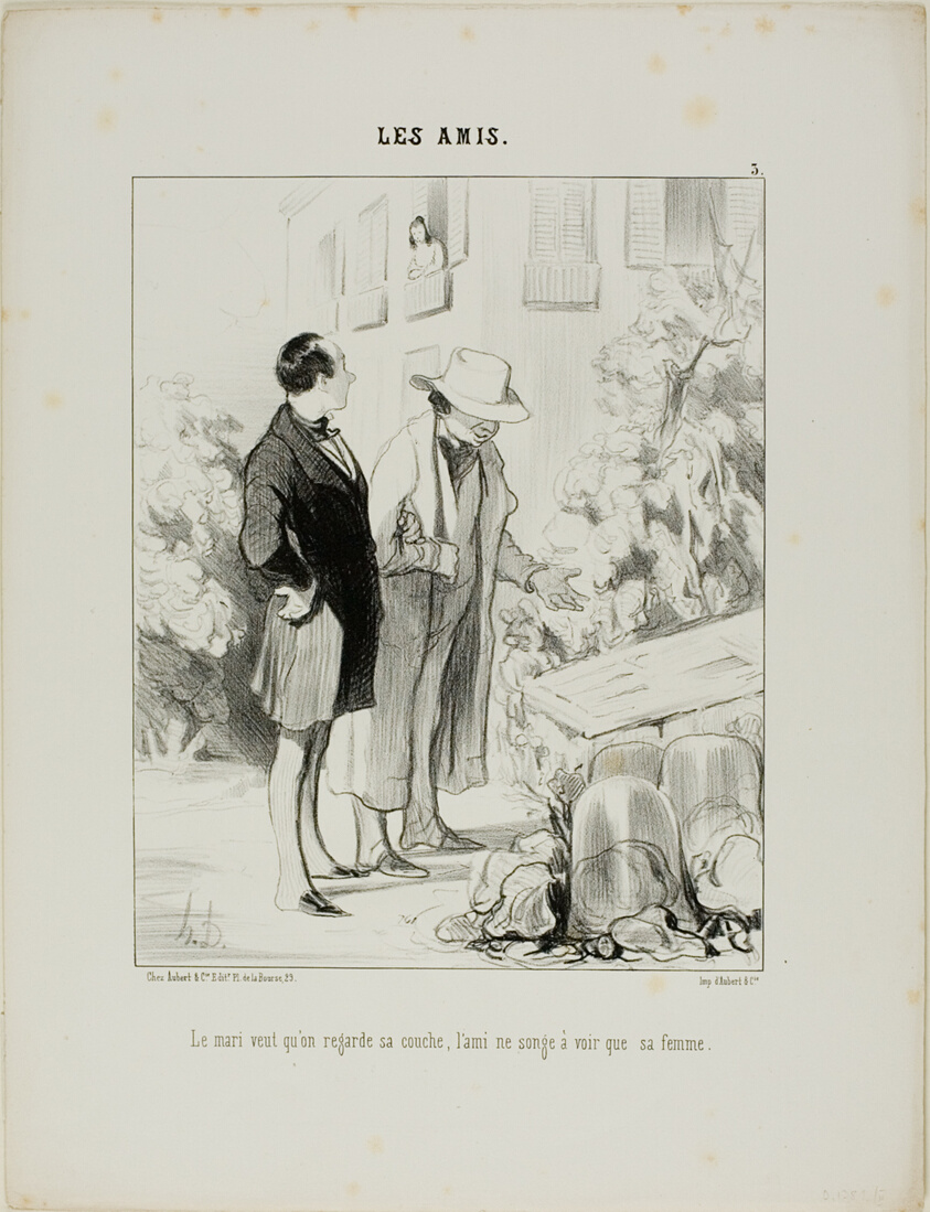 The husband wants him to look at his hot-bed, the friend only dreams of seeing his wife, plate 3 from Les Amisa