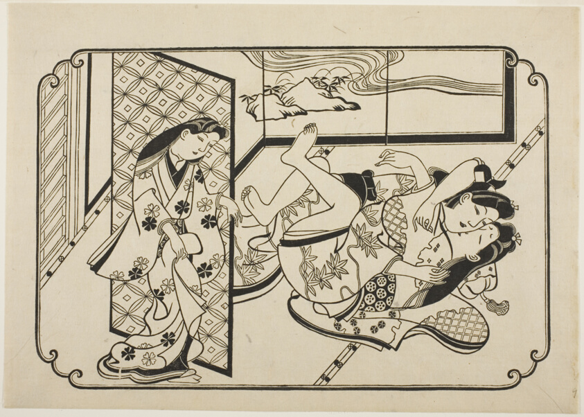 A Courtesan with Her Client, the first sheet of an untitled erotic picture album