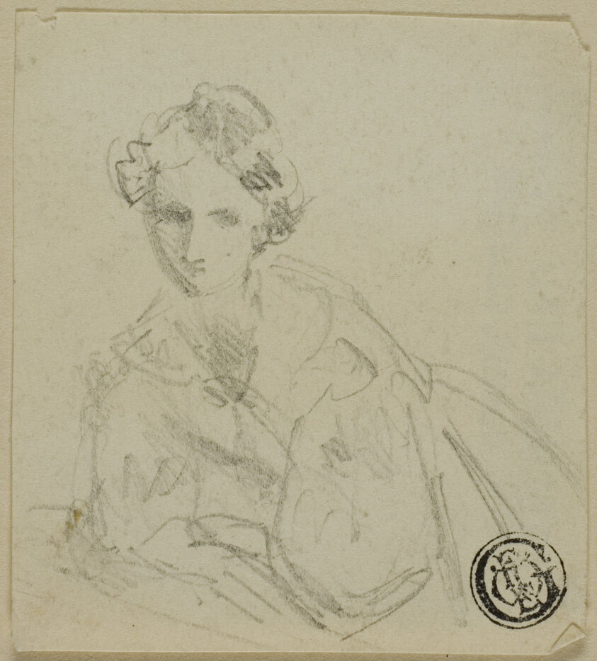 Half-Length Sketch of Woman in Evening Dress Leaning on Balustrade