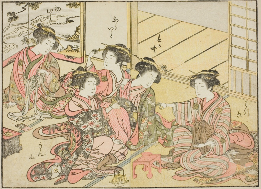 Courtesans of the Gakuiseya, from the book "Mirror of Beautiful Women of the Pleasure Quarters (Seiro bijin awase sugata kagami)," vol. 1