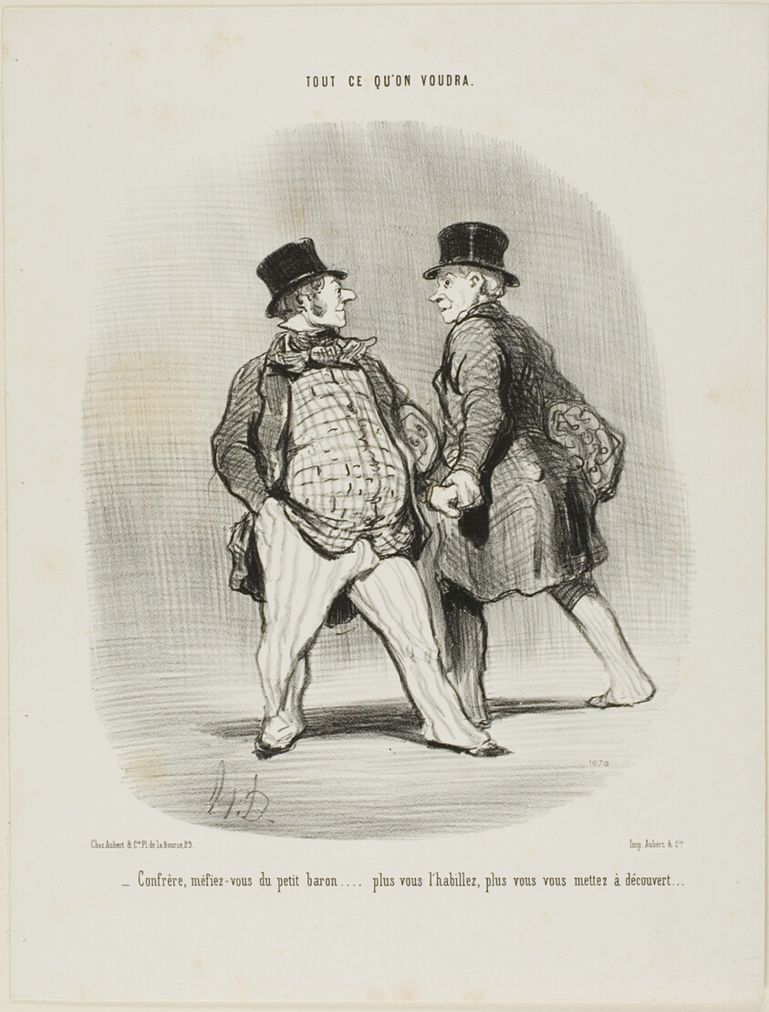 “- Beware my friend of the little baron... the more you dress him the less secured you will be,” plate 49 from Tout Ce Qu'on Voudra