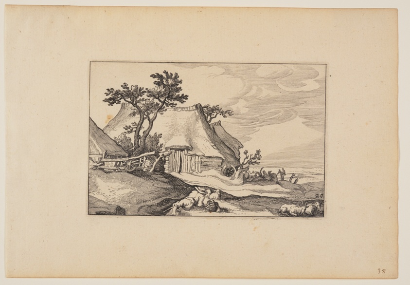 Barns, Resting Man with Basket of Eggs in Foreground, from Landscapes (Verscheyden aerdige Lanthuysen...)
