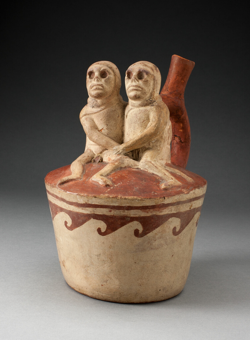 Spout Vessel Depicting Two Skeletal Figures in Erotic Scene Attached to Handle