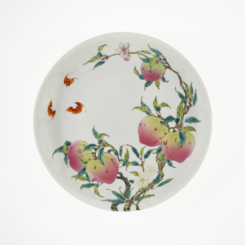 Dish with Fruiting Peaches, Tree Peony, Flowering Plum, and Bats