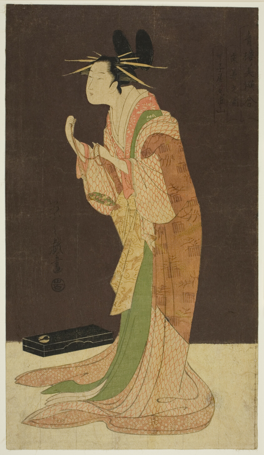 A Selection of Beauty from the Pleasure Quarters (Seiro bisen awase): Misayama of the Chojiya in Night Dress (Tokogi no zu - Chojiya Misayama)