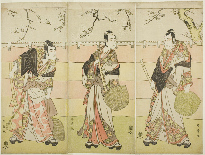 Three Komuso Monks: The Actors Ichikawa Ebizo (Danjuro V) as Kudo Suketsune (right), Ichikawa Monnosuke II as Soga no Juro Sukenari (center), and Ichikawa Omezo I as Soga no Goro Tokimune (left), in Act Six of the Play Waka Murasaki Edokko Soga (Pale Purple Soga, Edo Style), Performed at the Ichimura Theater from the Twenty-third Day of the First Month, 1792