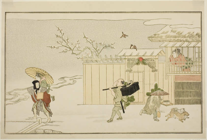 Delivering New Year Gifts in the Snow, from the illustrated kyoka anthology "The Young God Ebisu (Waka Ebisu)"