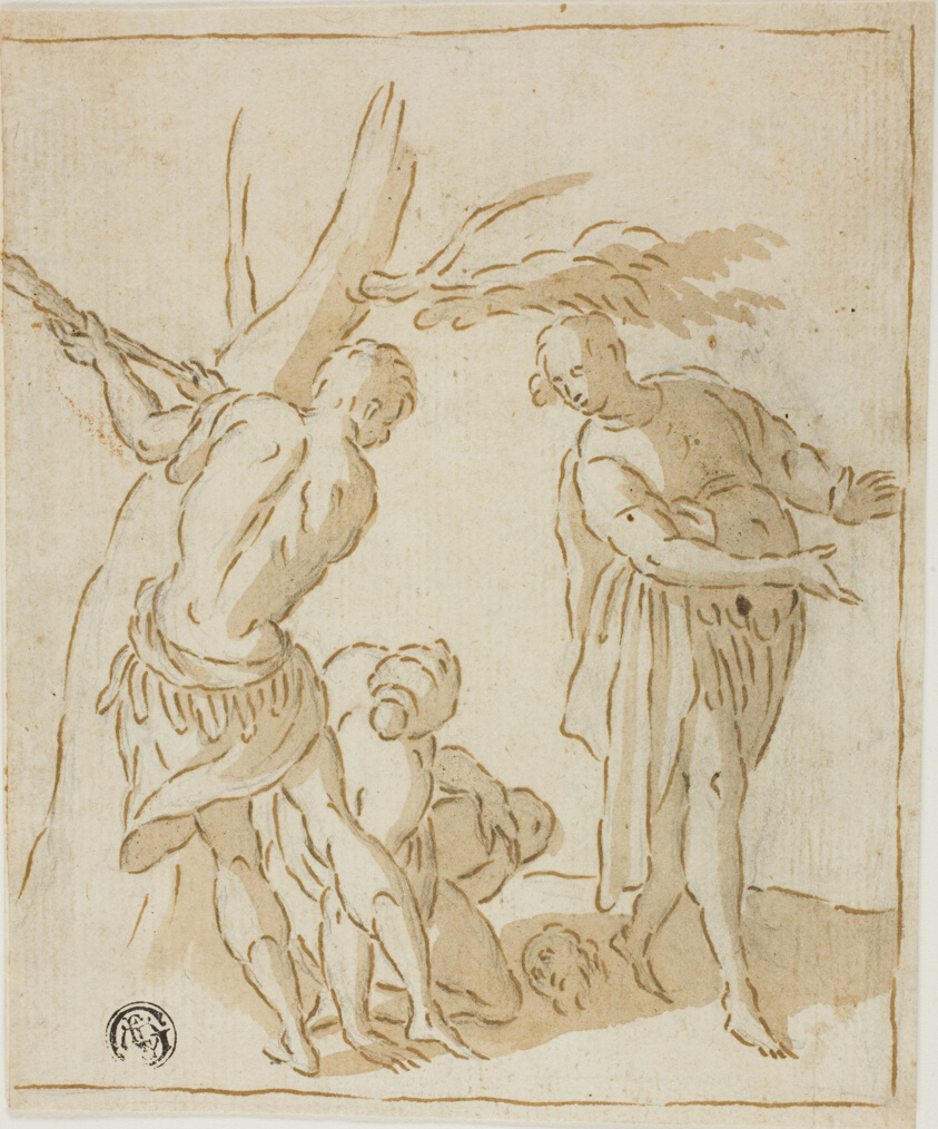 Three Figures with Severed Head on Ground