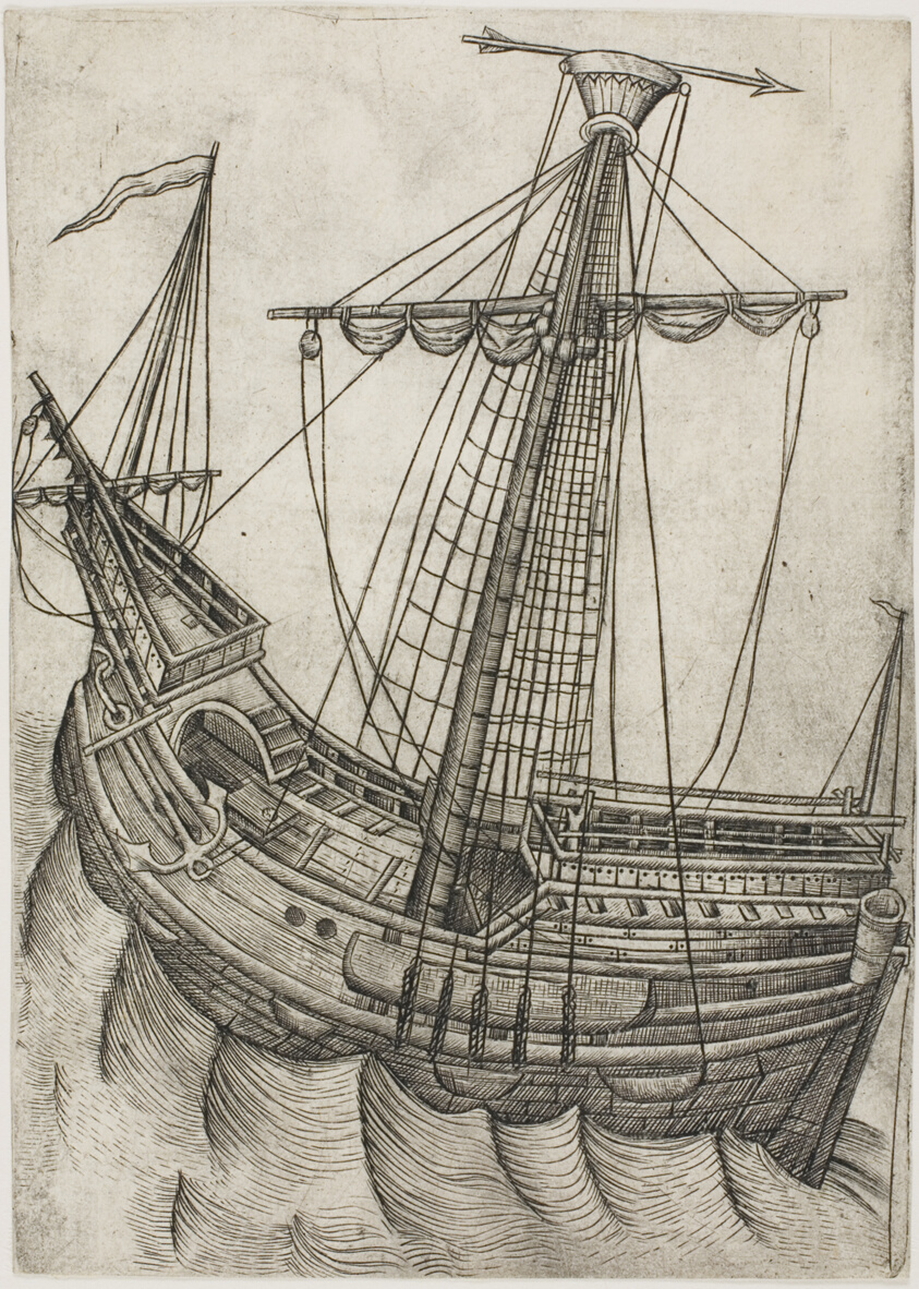 Ship with Sails Furled and Arrow Pointing to the Right