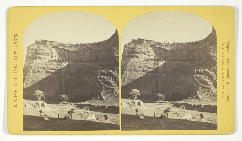 Circle Walls, Cañon de Chelle. Here the Cañon bends from an easterly direction nearly due north, the walls maintaining a perpendicular height of about 1.200 feet, No. 22 from the series "Geographical Explorations and Surveys West of the 100th Meridian"