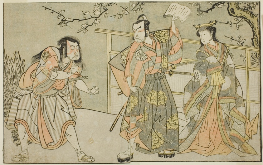 The Actors Yamashita Yaozo I as Ono no Komachi (right), Matsumoto Koshiro II as Godai Saburo (center), and Ichikawa Danzo III as Otomo no Kuronushi (left), in the play "Kuni no Hana Ono no Itsumoji," performed at the Nakamura Theater in the eleventh month, 1771