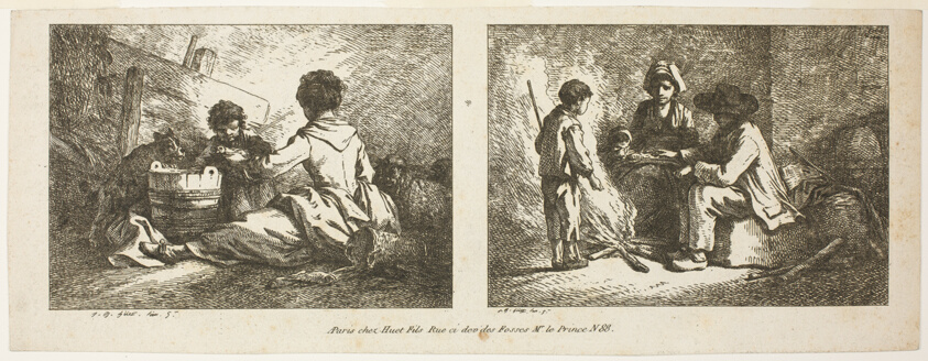 Children with a Dog and Sheep and Peasant Family by a Fire