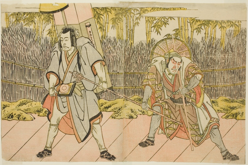 The Actors Ichikawa Danzo IV as Arakawa Taro Takesada Disguised as the Palanquin Bearer Tarobei (right), and Ichikawa Danjuro V as Abe no Sadato Disguised as the Pilgrim Kuriyagawa Jirodayu (left), in the Play Godai Genji Mitsugi no Furisode, Performed at the Nakamura Theater in the Eleventh Month, 1782