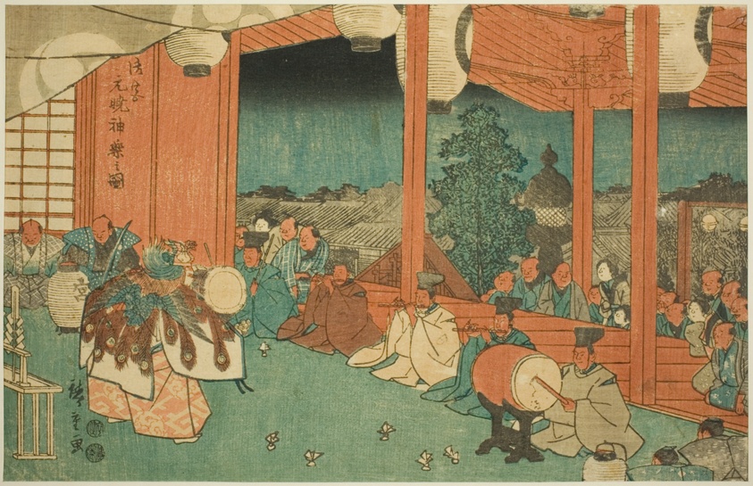 The Sacred Dance at the Shinmei Shrine in Shiba at Dawn (Shiba Shinmei, Omiya gengyo kagura no zu), from the series "Famous Places in the Eastern Capital (Toto meisho)"