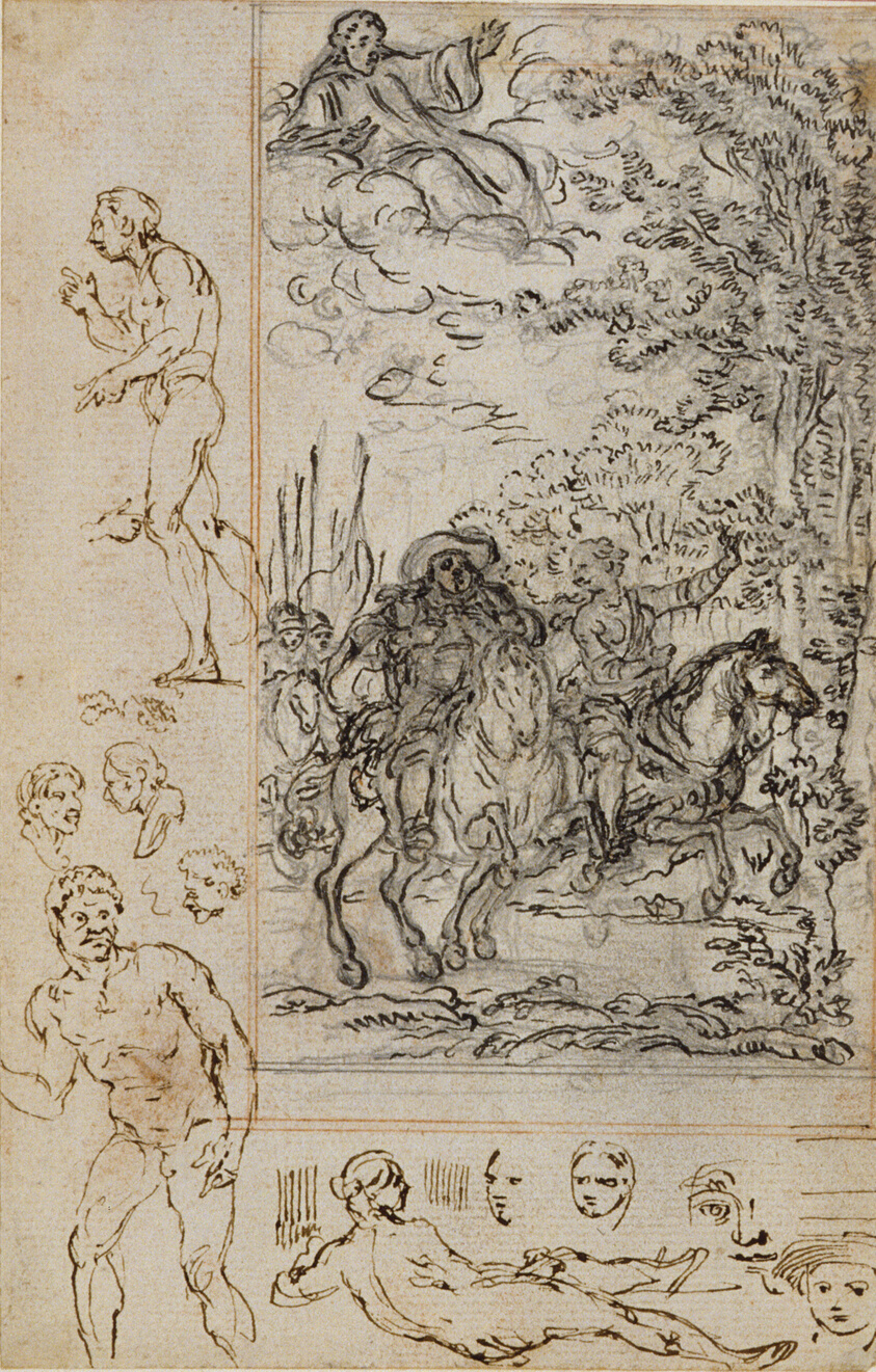 Study for Vignette in Voltaire's "La Pucelle d'Orleans", with Sketches of Heads and Nude Figures