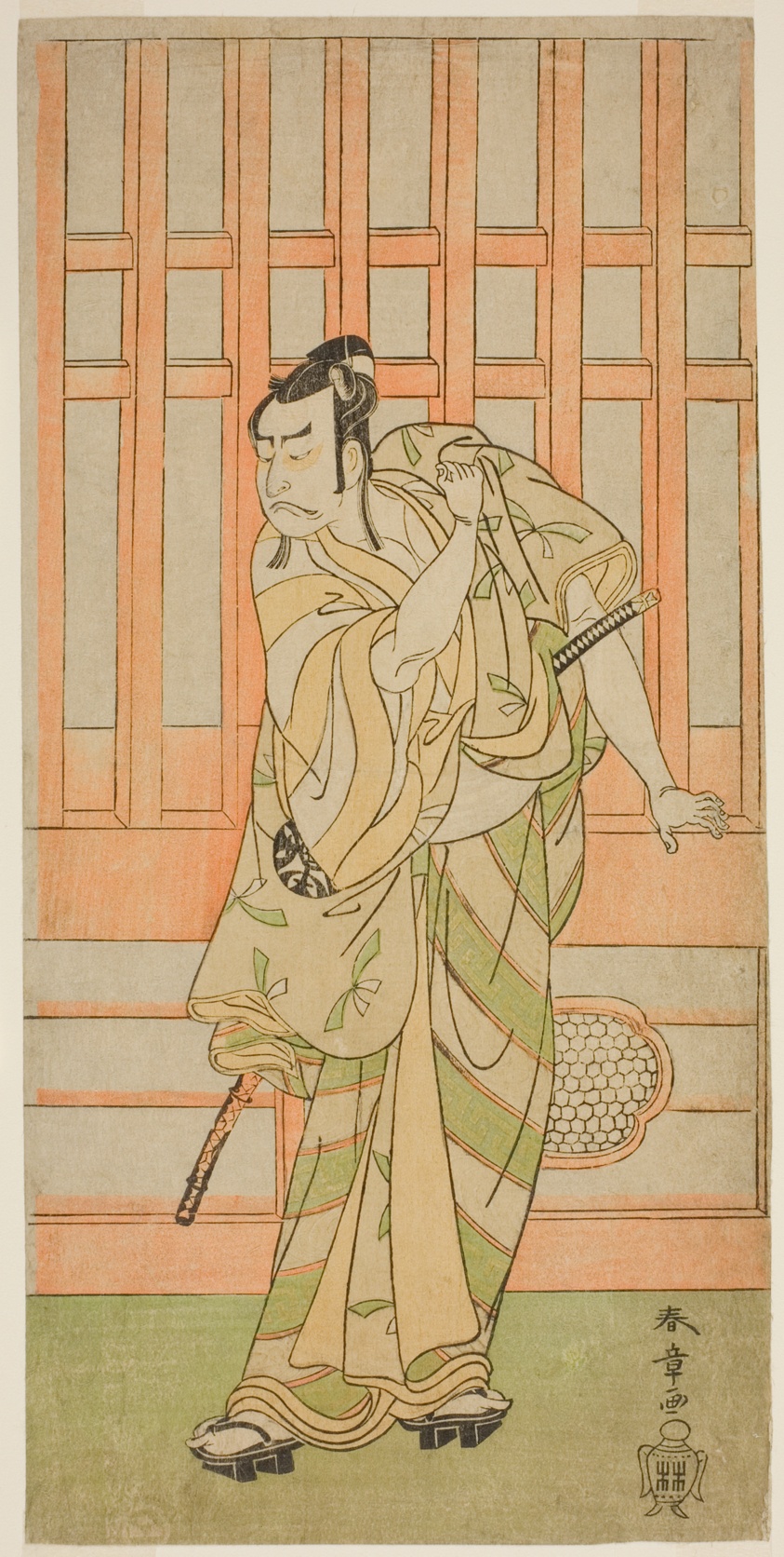 The Actor Nakamura Nakazo I as Kudo Saemon Suketsune (?) in the Play Sakai-cho Soga Nendaiki (?), Performed at the Nakamura Theater (?) in the First Month, 1771 (?)