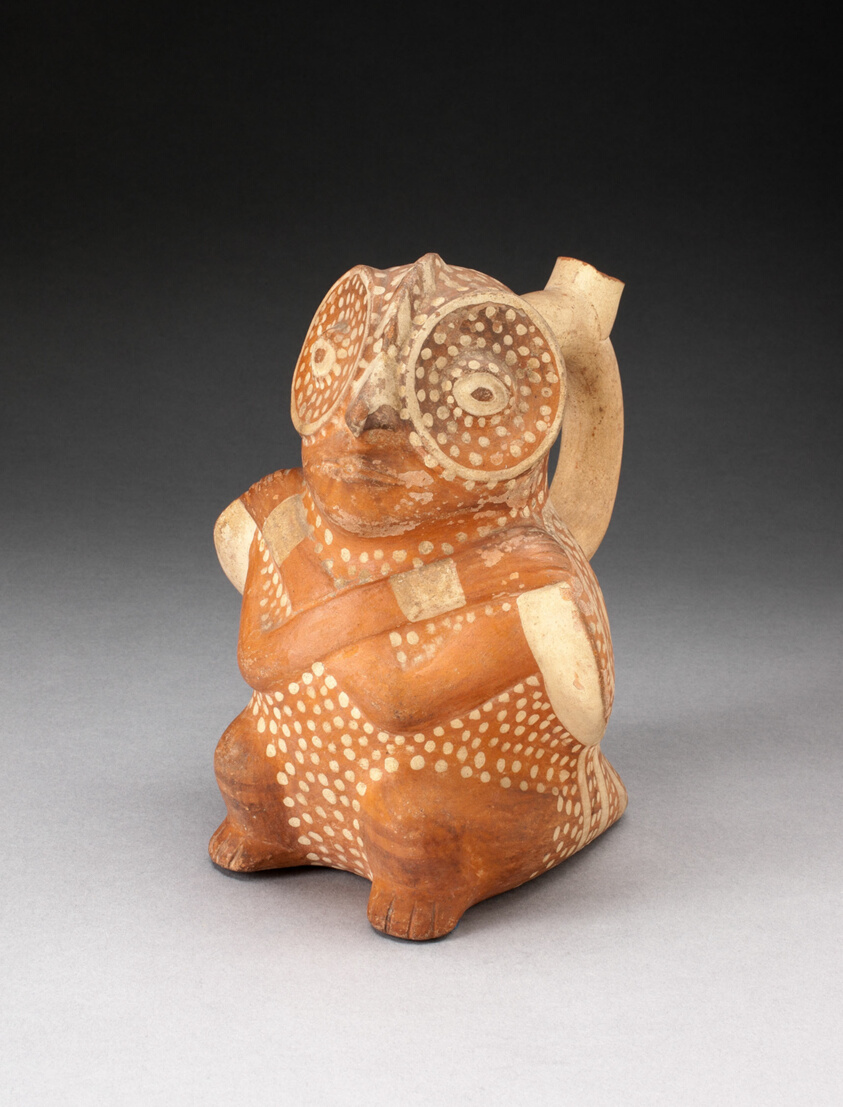 Handle Spout Vessel in the Form of a Anthropomorphic Owl with Arms Crossed over Chest