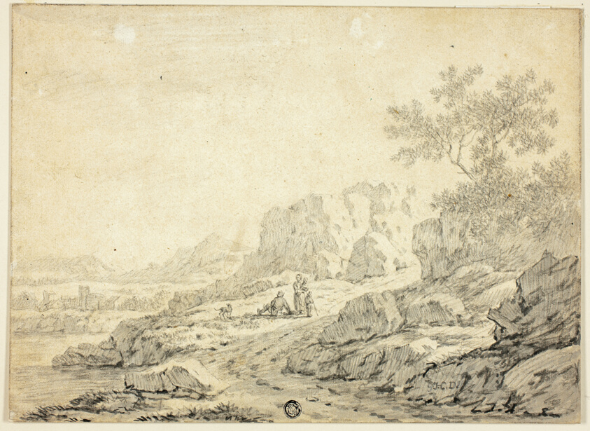 Rocky Landscape with Figures and Dog on Path
