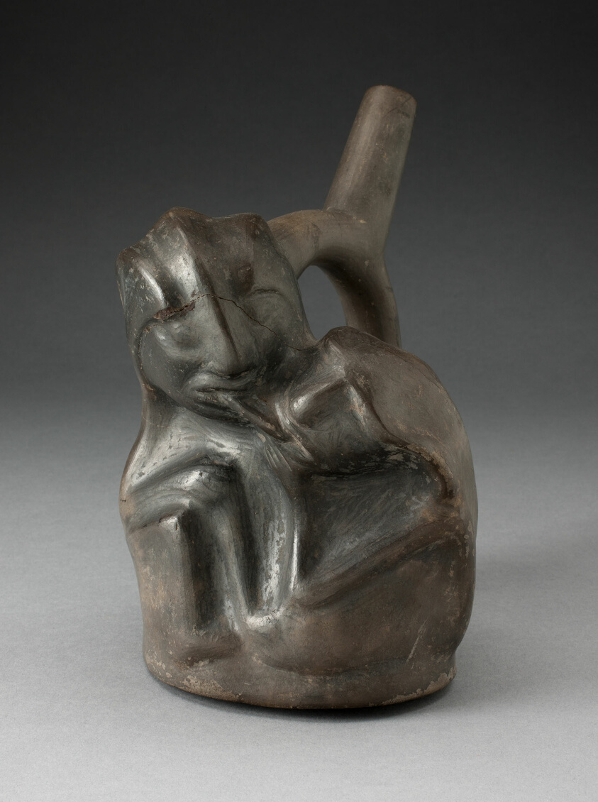 Blackware Spouted Vessel in the Form of a Couple in an Erotic Embrace