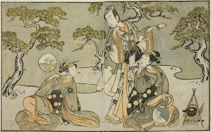 The Actors Nakamura Nakazo I as Matsukaze (right), Ichikawa Komazo II as Ariwara no Yukihira (center), and Iwai Hanshiro IV as Murasame (left), in the Play Kuni no Hana Ono no Itsumoji, Performed at the Nakamura Theater in the Eleventh Month, 1771