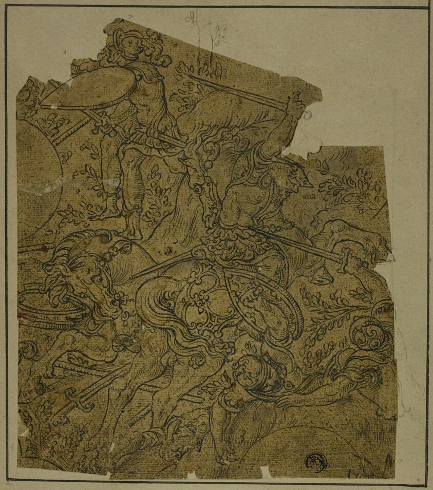 Fragment:  Armed Warriors on Horseback Fighting Foot Soldiers