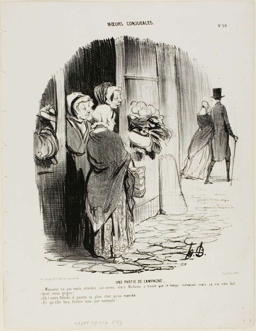 Country Amusement. “- Monsieur did not want to wait for his nephew; and Madame thought it might soon start raining, but he didn't really bother. - What an old miser! - Don't you worry, Mother Poirier, he'll pay dearly for that... more than the market price! - And right she is isn't she!,” plate 59 from Moeurs Conjugales