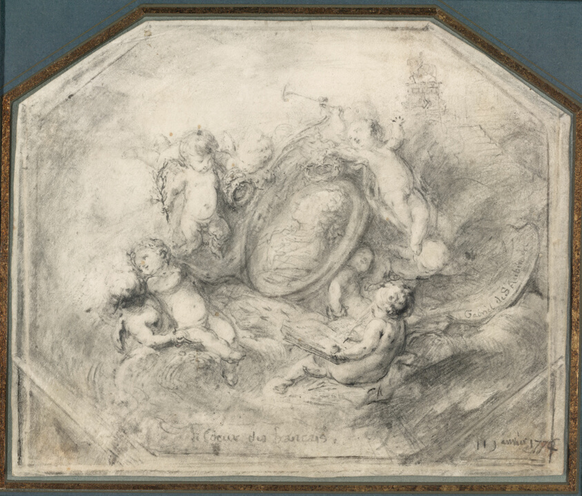 A Portrait Medallion of King Louis XV Surrounded by Putti Carrying the Attributes of Fame and History