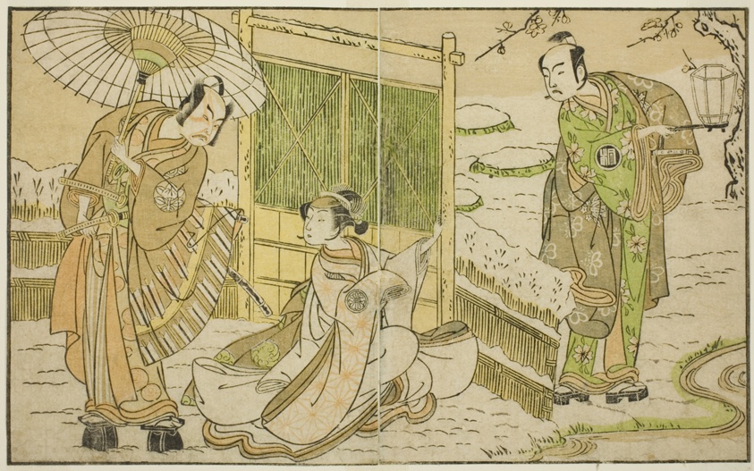 The Actors Arashi Sangoro II as Minamoto no Yoritomo (right), Segawa Kikunojo II as Yuki Onna (center), and Ichimura Uzaemon IX as Kajiwara Genta no Kagetoki, in the Play Myoto-giku Izu no Kisewata, Performed at the Ichimura Theater in the Eleventh Month, 1770