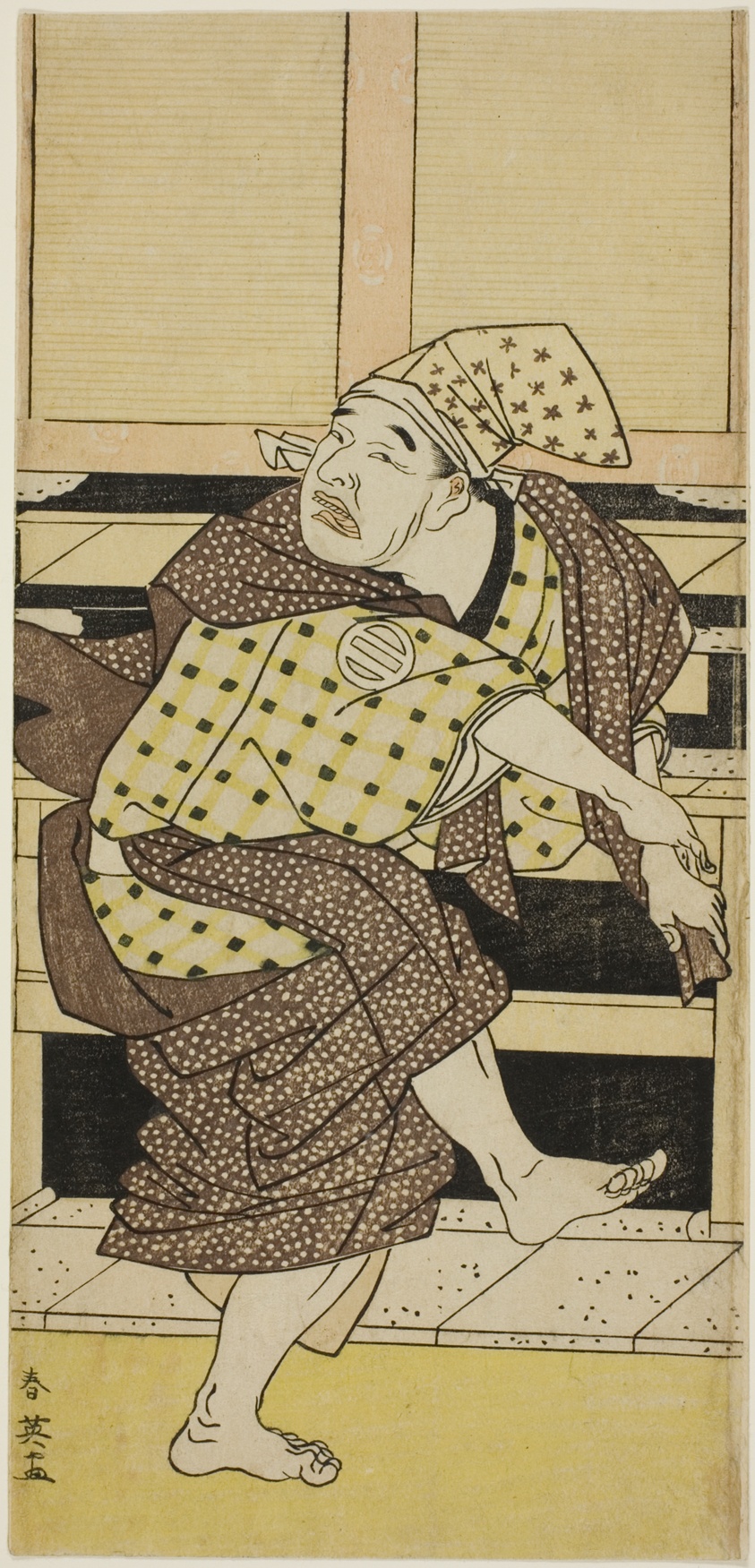 Actor Asao Tamejûrô I as Drunken Gotôbei Doing a Sambasô Dance in “Yoshitsune’s Koshigoe Petition” (“Yoshitsune Koshigoe jô”)