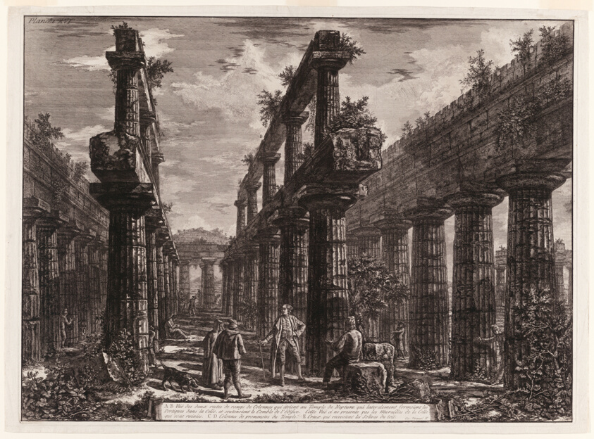A., B. View of the remains of the two rows of columns in the Temple of Neptune which originally formed the colonnades along the sides of the cella, and supported the uppermost part of the roof, from Different views of Paestum