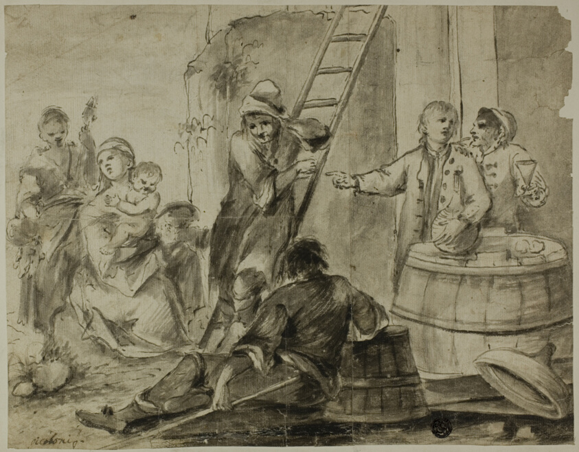 Rustic Scene:  Men, Women and Children Resting and Drinking Outside Building