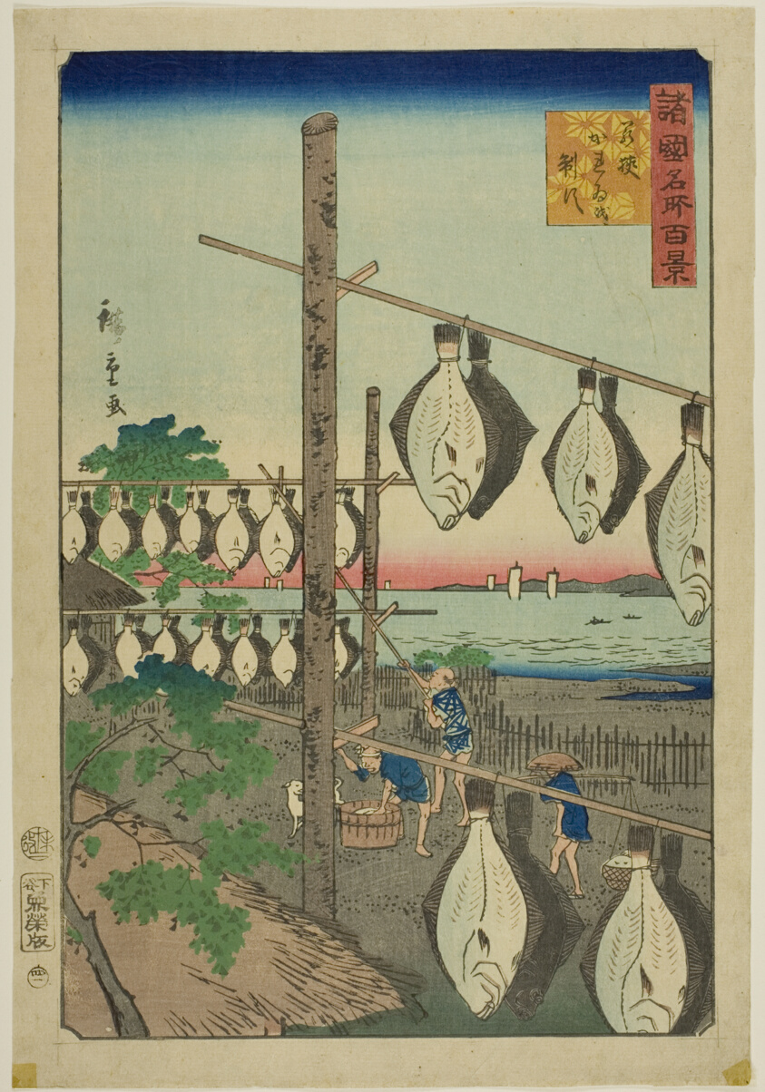 Strung-up Flounder, Wakasa Province (Wakasa karei o sasu) from the series “One Hundred Famous Views in the Various Provinces (Shokoku meisho hyakkei)”