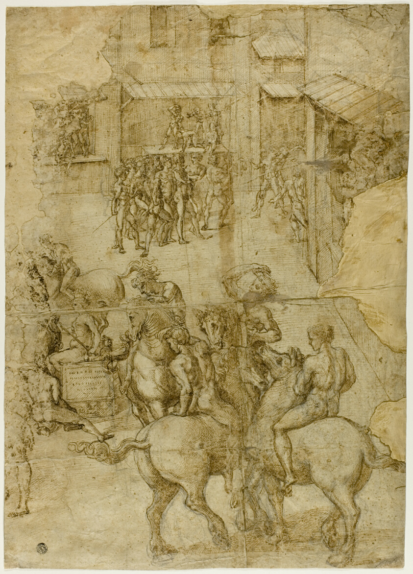 Mythological Pageant (recto); Illegible Inscriptions and Anatomical Studies of Head (verso)
