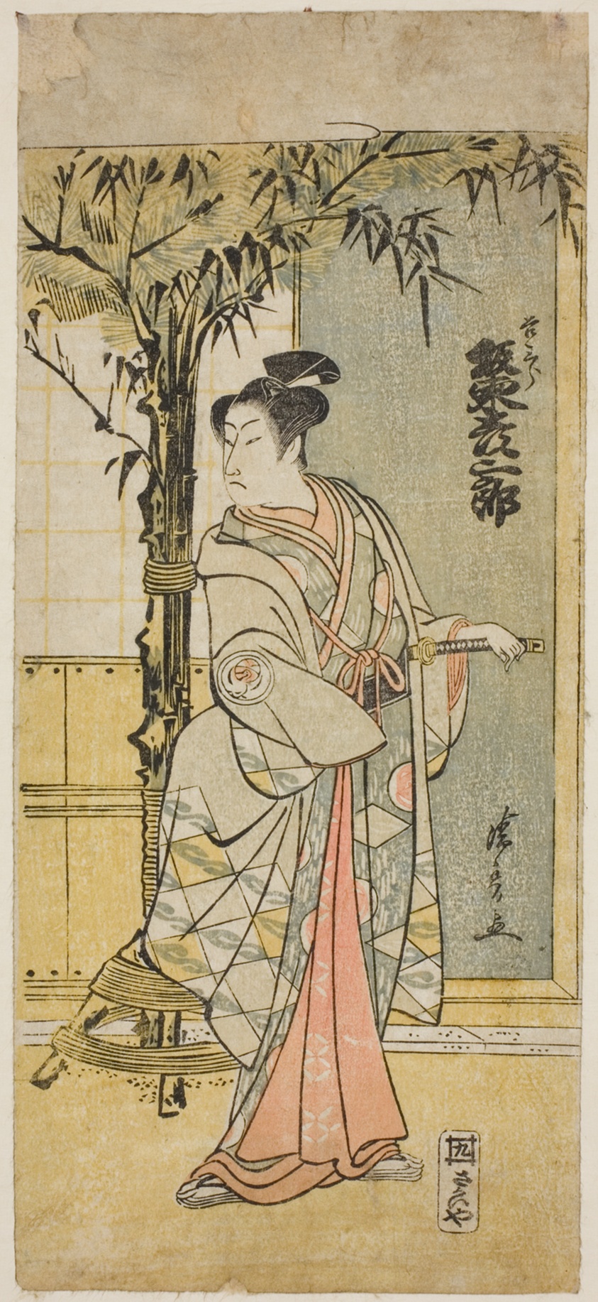 The Actor Bando Hikosaburo III as Kichisaburo in the play "Junshoku Edo Murasaki," performed at the Ichimura Theater in the first month, 1779