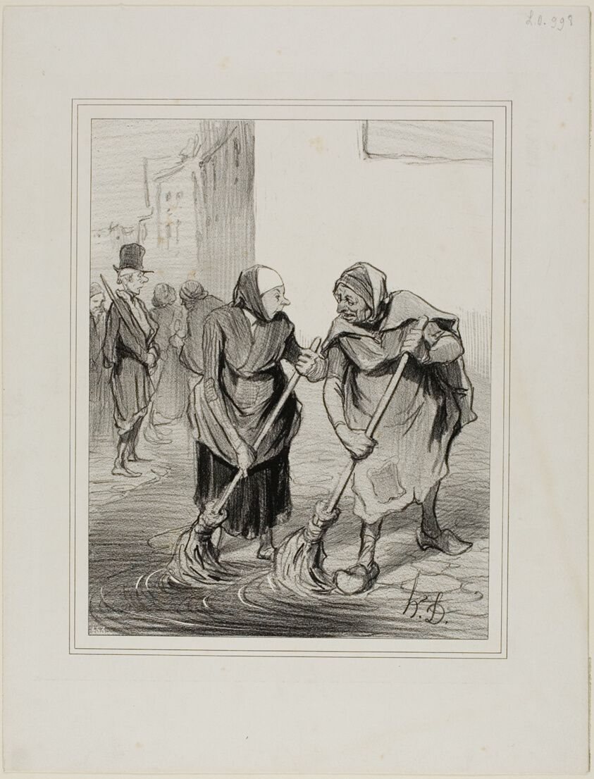 “- Say then, Madme. Giboulard … don't you agree that it is not very pleasant for women of our gender, to come down like this everyday, cleaning the gutters of St. Honoré … - That's true, Madame Chaffarou, but we can also praise ourselves of being the only ones to embellish Paris!,” plate 75 from Caricatures Du Jour
