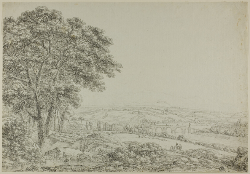 Wooded Pond with Bathing Figures, Vista of River Bridge, and Farms