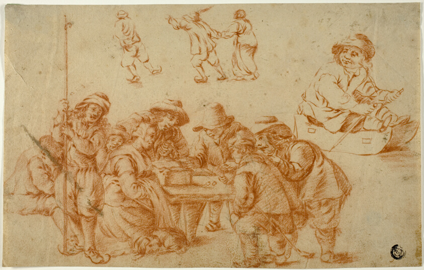Sketches of Peasants Playing Dice and Skating; Sketch of Boy on Sled
