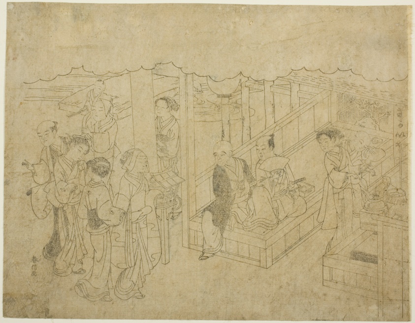 Key block print for The Introduction (Miai), the first sheet from the series "Marriage in Brocade Prints, the Carriage of the Virtuous Woman (Konrei nishiki misao-guruma)"